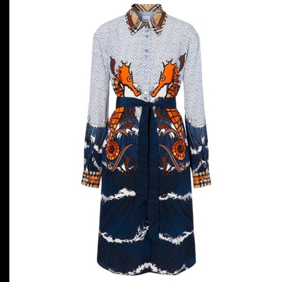 Burberry Dresses & Skirts - Burberry 100 Silk Seahorse Print Shirt Dress with Heritage Check Collar Cuffs 4